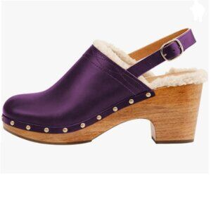 FSJ Purple Round Toe Clogs Fur Lining Rivets Wooden Chunky Heel Slingback Mules